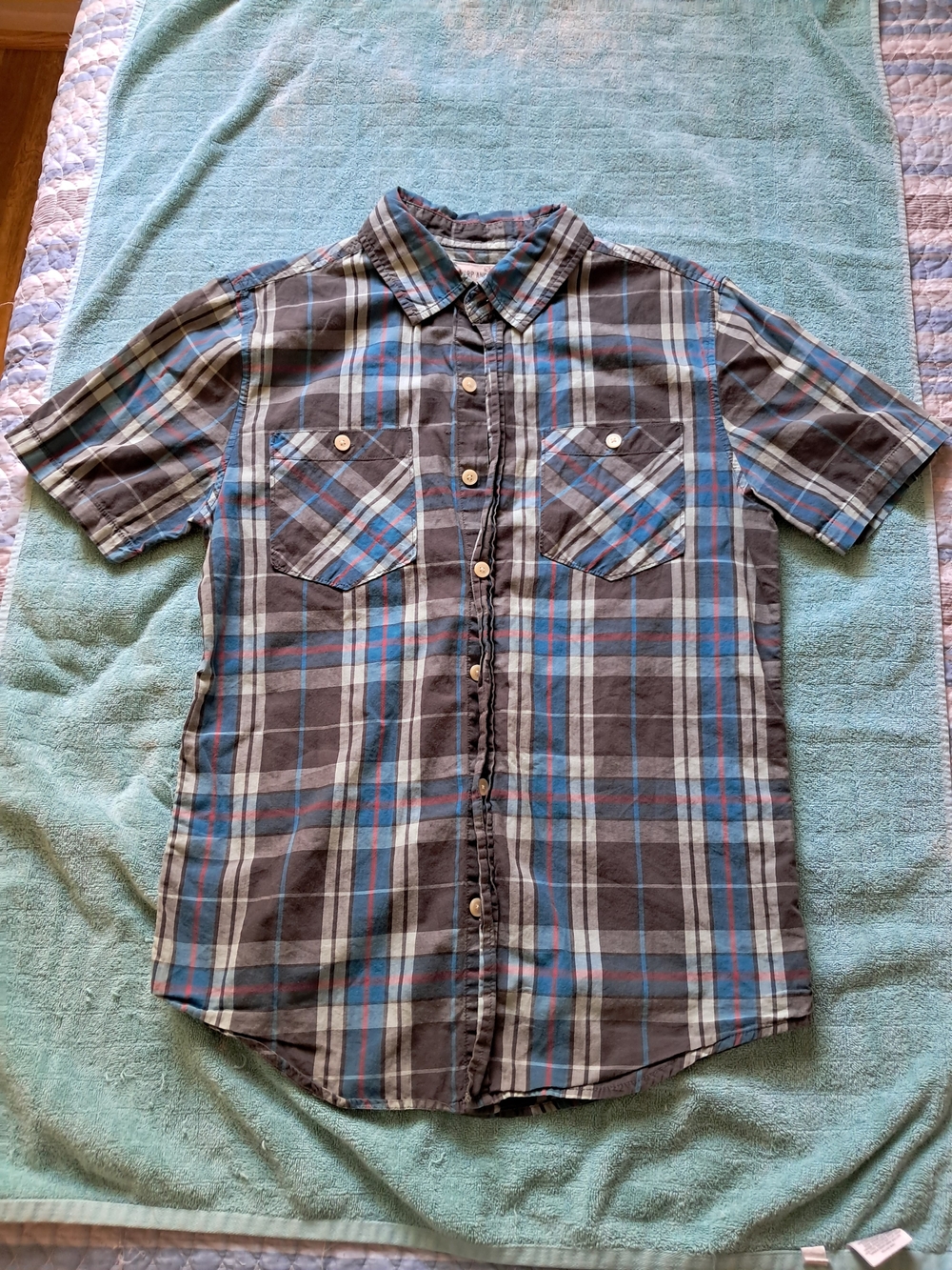 Warp & Weft Men's Short Sleeve Button Down Plaid Shirt Gray Blue Size M